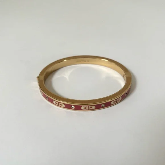 Coach Signature C Bangle Logo Statement Bracelet Enamel Hinged Pink Red Gold - Picture 5 of 9